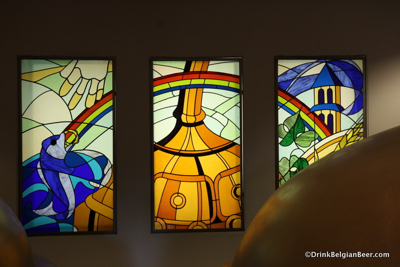 Stained-glass window in the new brewhouse at Orval. 