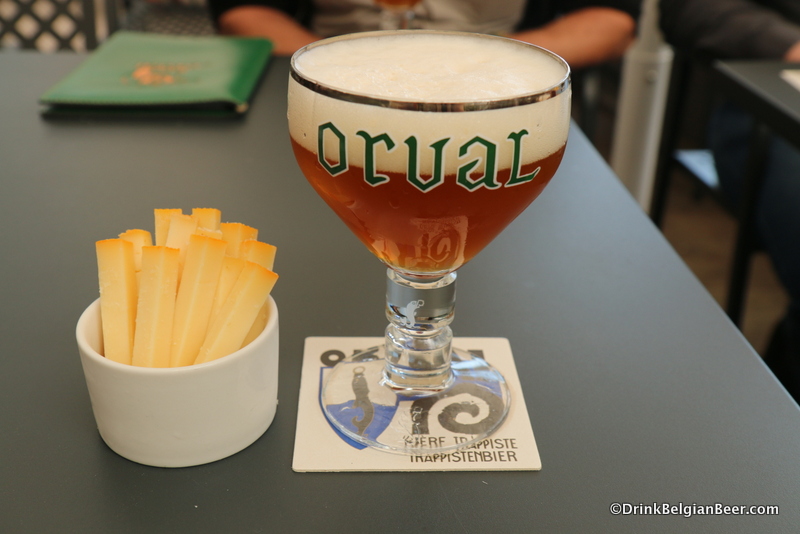 The draft only Orval Green (4.5% abv) one of Belgium's great session beers, with the three Orval cheeses, at Auberge A l' Ange Gardien. 