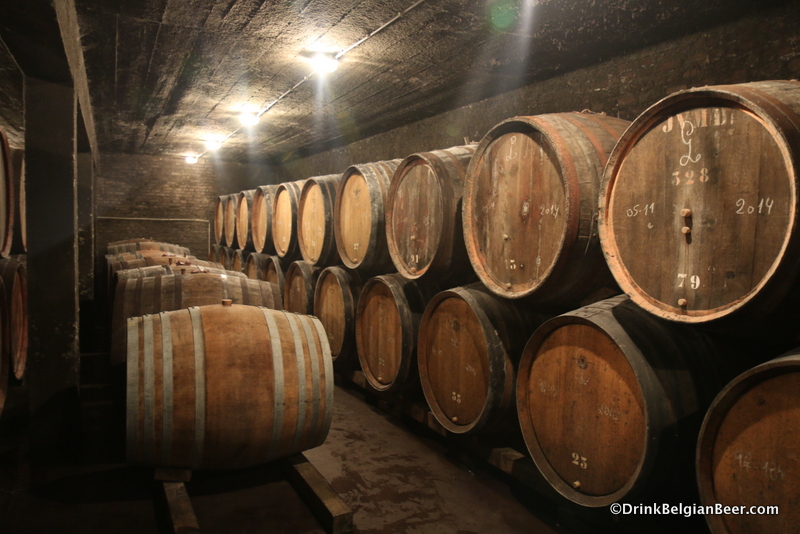 Barrels inside an old barrel room at Oud Beersel. 