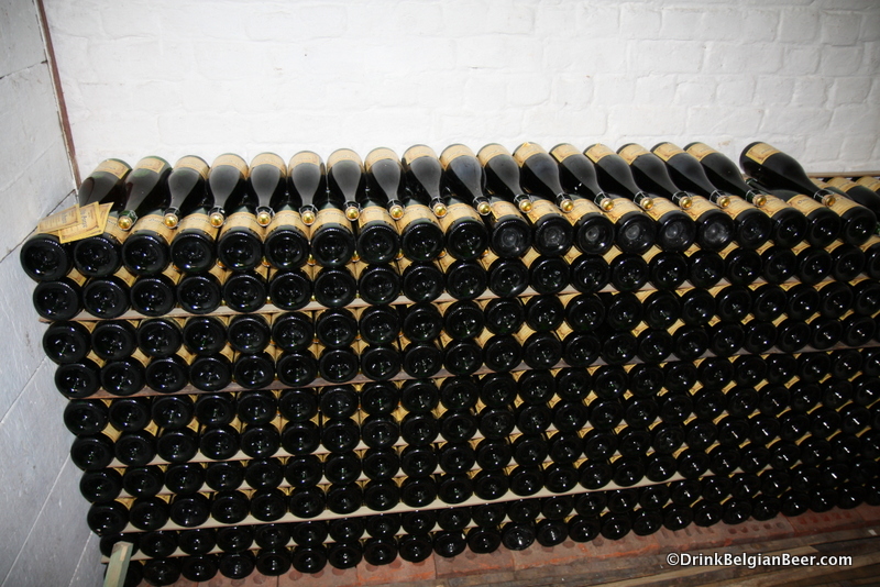 Rows of bottles of Hanssens Oude Gueuze. 