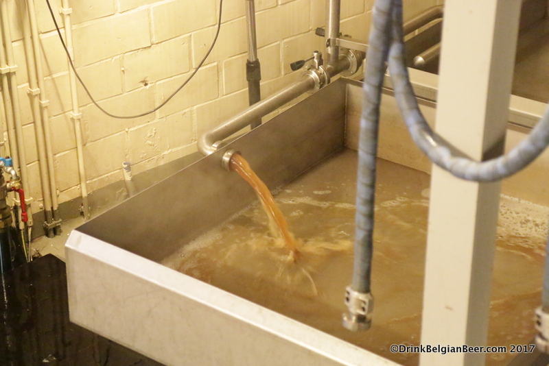 Hot wort being pumped into the coolship at 3 Fonteinen. 