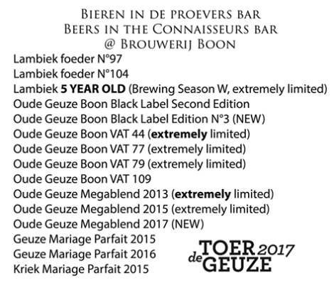 The available beers at Boon for Toer de Geuze.