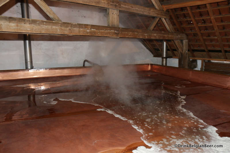 Hot wort being pumped into the coolship at Cantillon, February 2017.