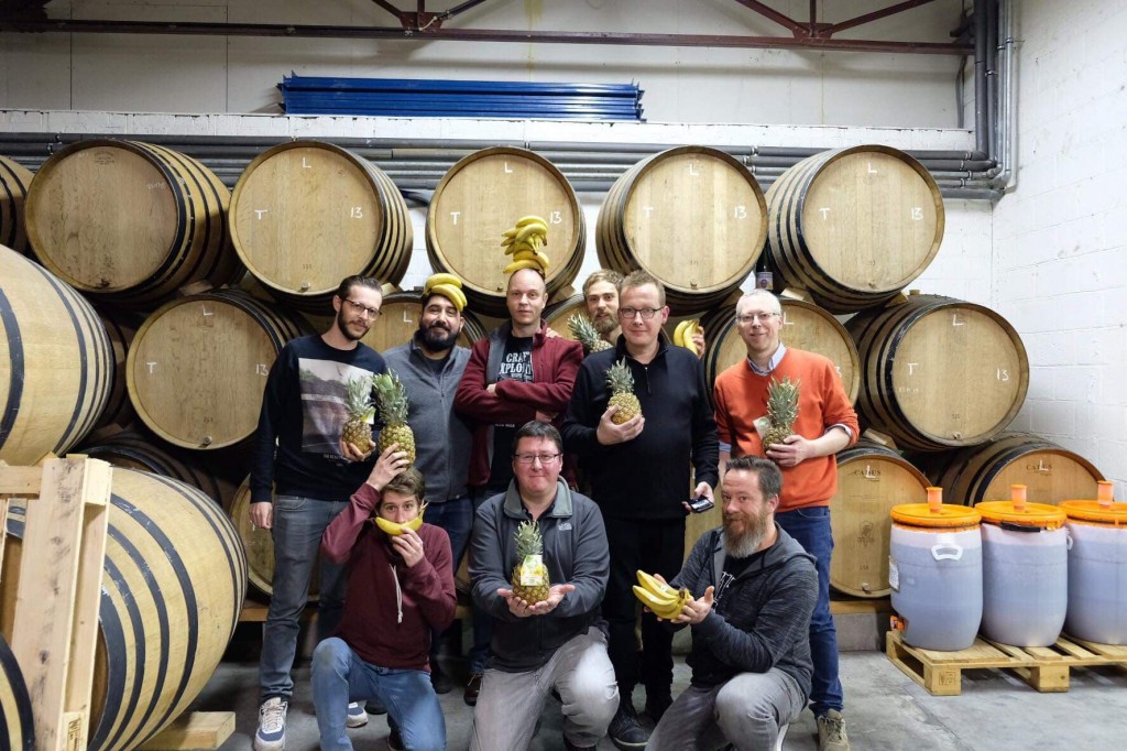Here, some of the founding  members of the Tilquin Enthusiasts. On the front row, far right, is Kevin Desmet. Rich Soriano is in the back row, second from left. This is shot taken when they made a batch of Tilquinananas. 