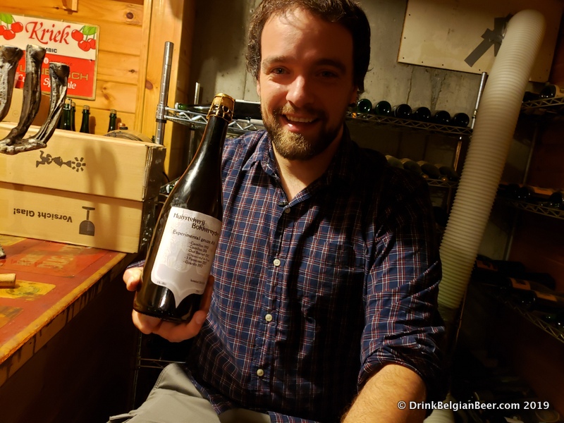 Raf Souvereyns, also known as Raf Soef, of Bokke. Pictured here with one of his early lambic blends, Experimental geuze #14. 