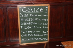 Photo of the geuze beer board Cafe De Kluis.