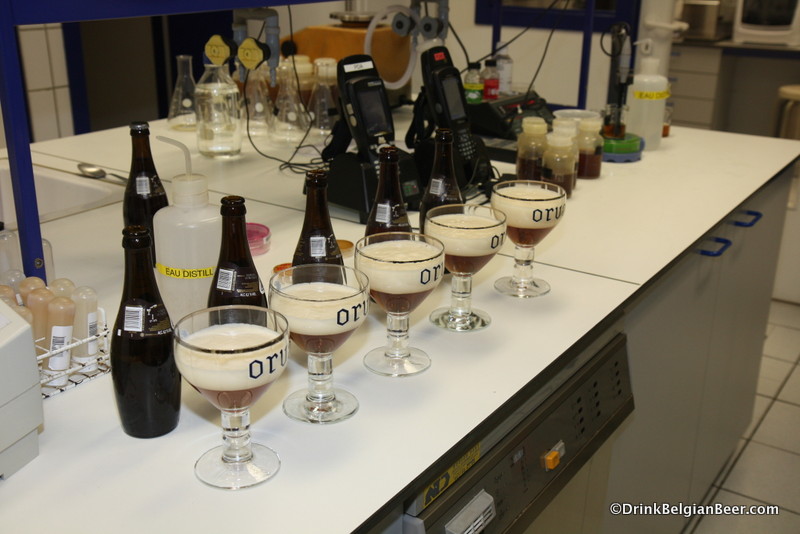 Tasting of different vintages of Orval in the brewery lab, April 2012. 