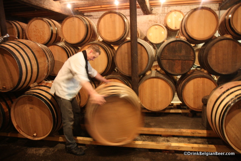 Jean moving another barrel into place.