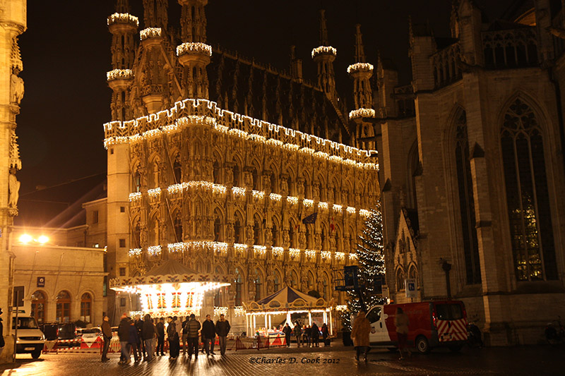 Leuven's historic Stadhuis (Town Hall) lit up for Christmas.
