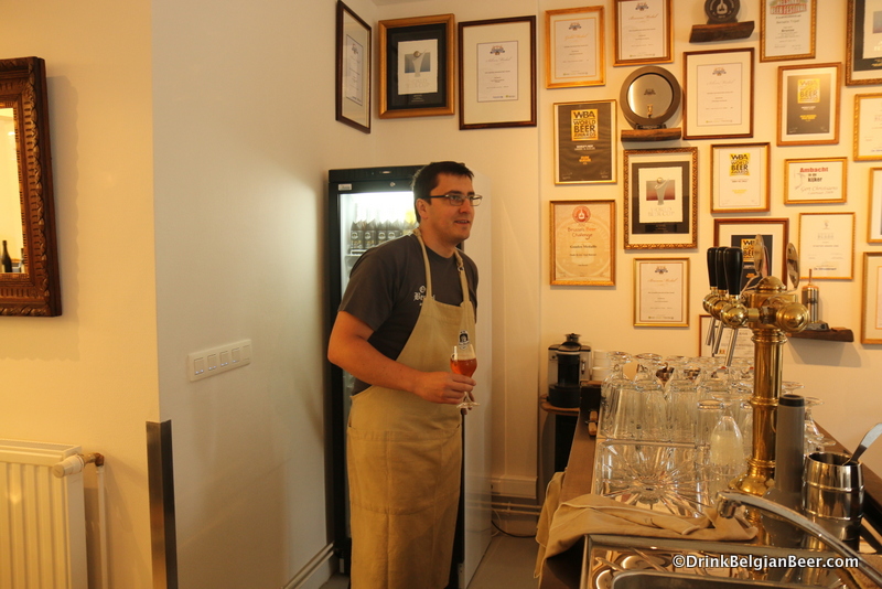 Gert behind the bar inside the new tasting room/shop. You can sample many of the Oud Beersel beers by the glass. 