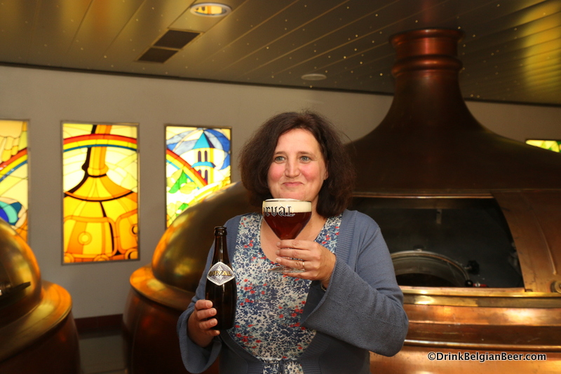 A happy moment in the Orval brewhouse with brewmaster Anne-Françoise Pypaert. 
