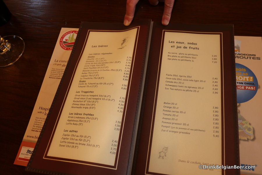 The drinks/beer list page of the menu at the Ferme,
