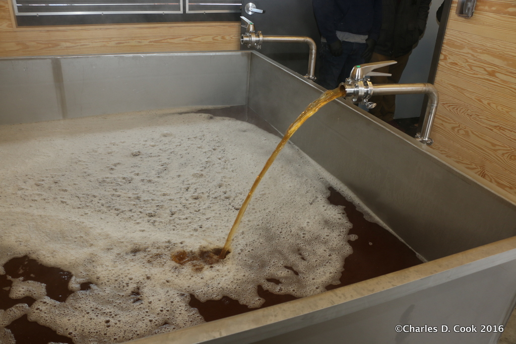 Another angle of The Veil's coolship filling with wort. 