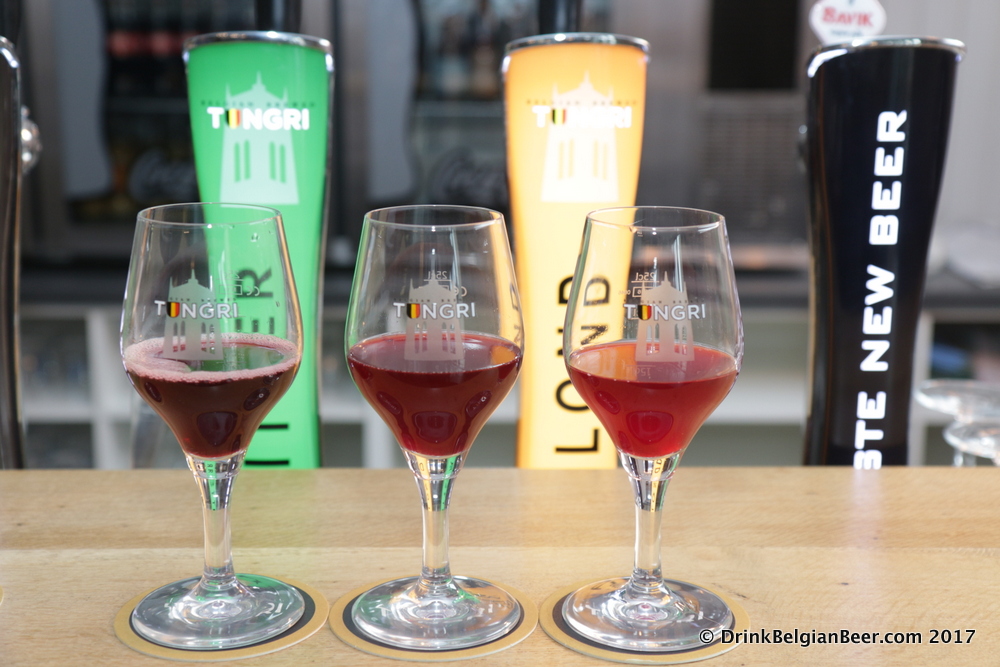 A trio of experimental fruit beers: from left, a beer made with noorderkrieken cherries; middle-a blackberry beer; and right, a breathtaking raspberry, also known as framboos or framboise. 