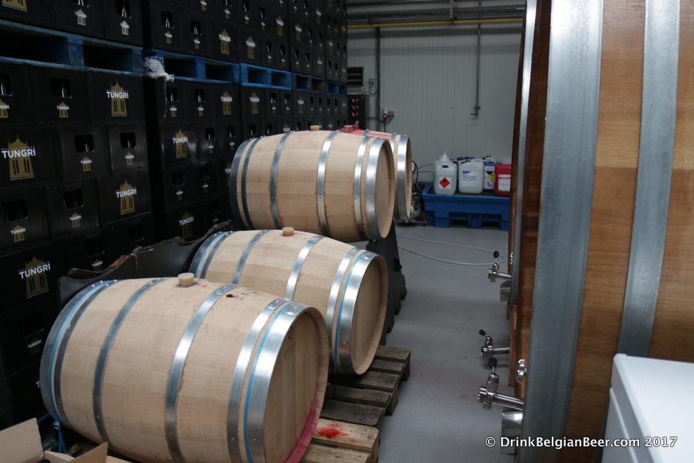 Left: four brand new, USA made, 200 liter oak barrels. 