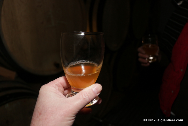 A sample of eight month old lambic pulled from a barrel at Brouwerij Belgoo. 