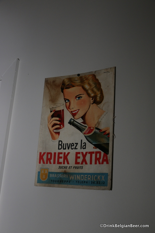An old Brasserie Winderickx advertising sign inside the tasting room at Belgoo. 