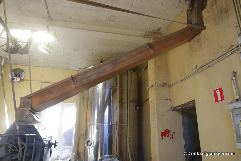 On the floor below the attic (the second floor of the brewery) the grains are fed into the malt mill/malt crusher via this wooden conveyer. Gravity does the work. 