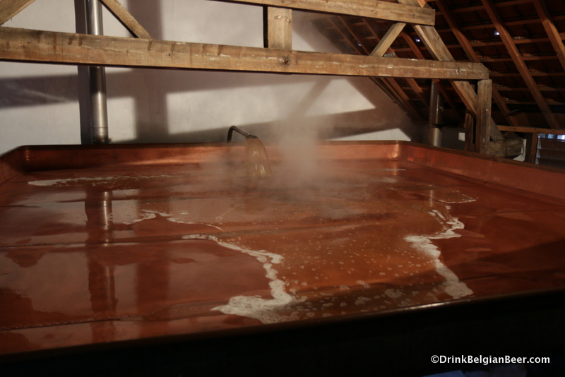The copper coolship at Brasserie Cantillon filling with hot wort. For more coolship photos and info, see page 5. 