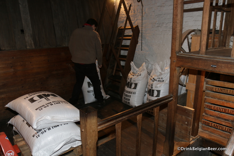 The first step in the brewing process is getting the barley and wheat located on the top floor of the brewery into the malt crusher on the floor below. 