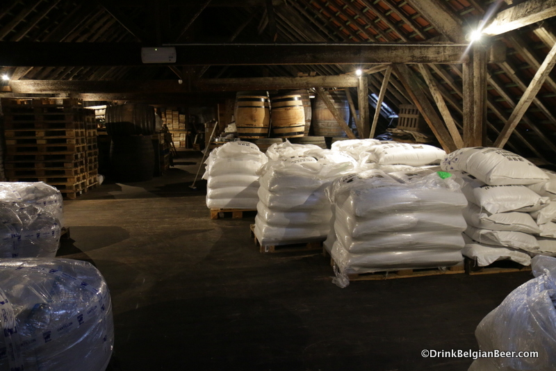 Another view inside the top floor/attic at Brasserie Cantillon, with sacks of grain on the right. 