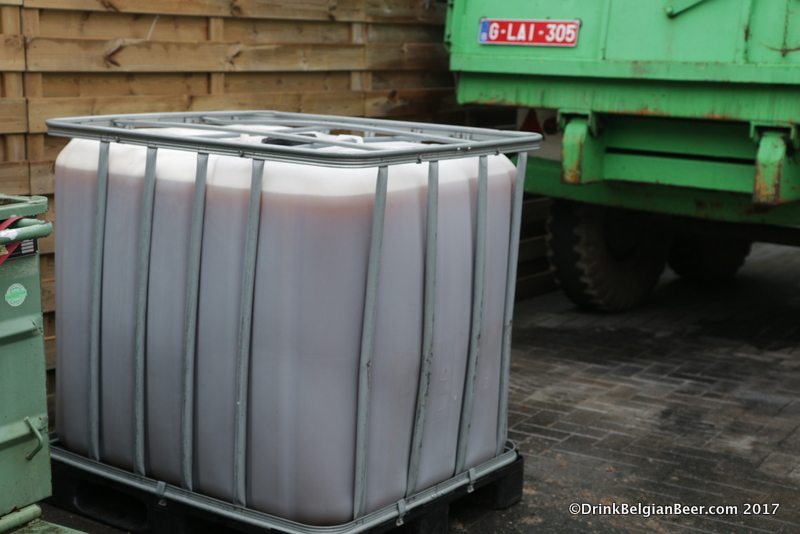 A container full of cooled wort outside the brewery at 3 Fonteinen, ready to be taken to the lambik-0-droom in Lot. 
