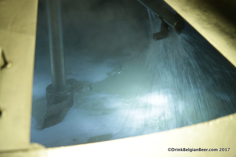 Another shot of hot water being pumped into the mash tun at 3 Fonteinen. 