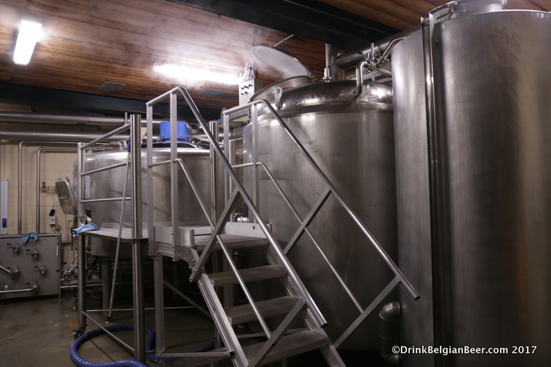 The brewhouse at Brouwerij 3 Fonteinen, with the mash tun/filter kettle on the left, and boiling kettle, on the right. 