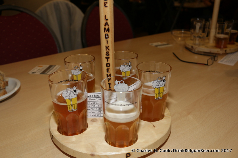 A tasting flight of lambic beers in special De Lamibikstoempers glassware. 