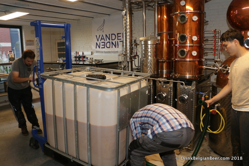 The container of fruit slush in the distillery at Stokerij Vanderlinden. 