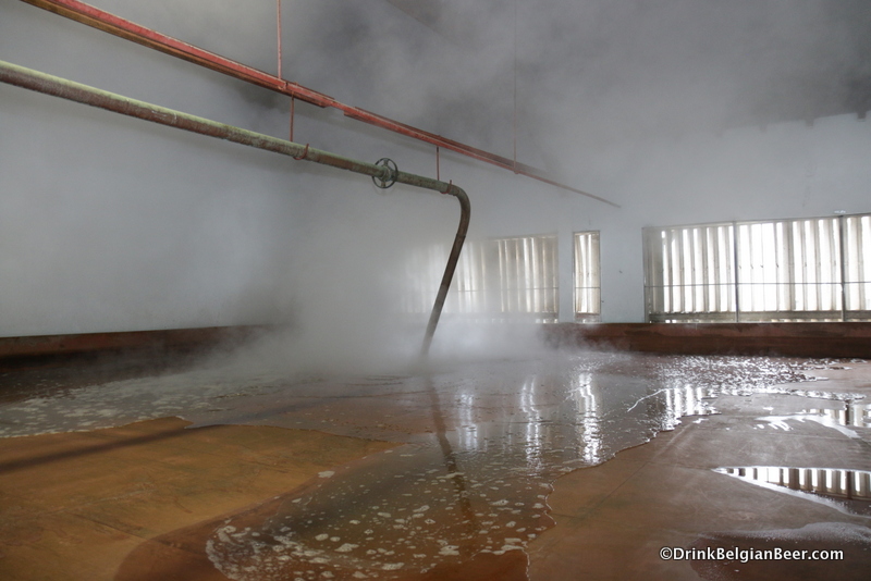 The coolship being filled with hot wort at Brouwerij Timmermans. 