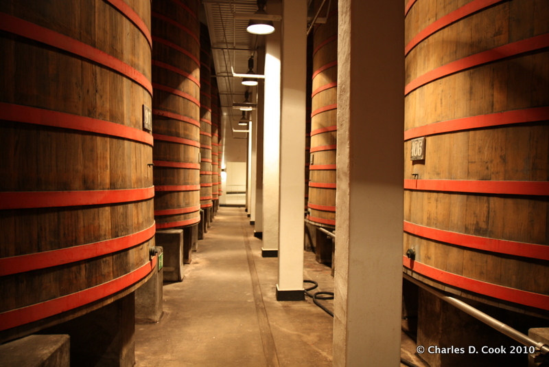 Inside a row of foeder at Brouwerij Rodenbach. 