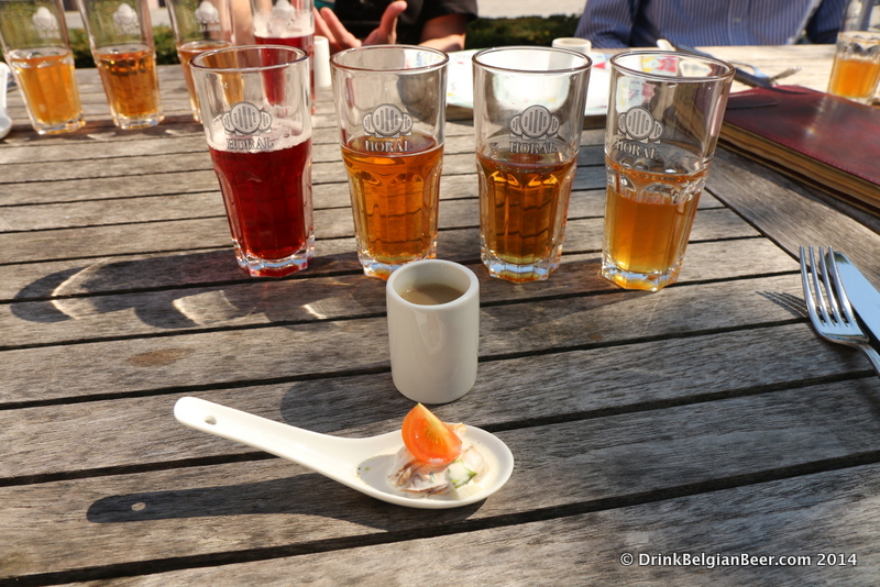 Several sampler glasses of Lindemans lambics at De Heeren van Liedekercke. The beer on the left is a kriekenlambiek. 