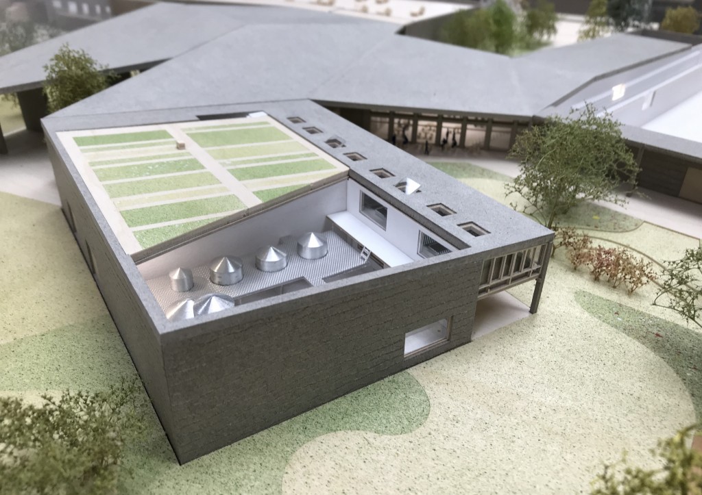 In this view of a scale model of the planned 3 Fonteinen expansion, you can see the brewhouse in the center foreground and coolship rooms to the right of the brewhouse. Note window on the roof, open to the air. 
