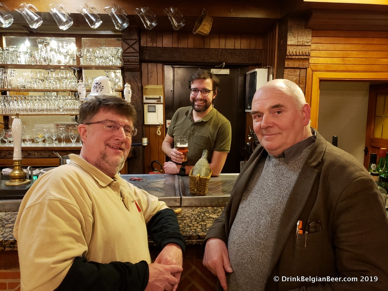 In the background, behind the bar, is Thomas Debelder of Restaurant 3 Fonteinen. Foreground, left, is Chuck Cook of DrinkBelgianBeer.com, and right is Patrick Van der Spiegel, co-founder of "The Land of Geuze."