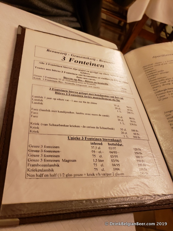 An old Restaurant 3 Fonteinen menu dating to sometime from the late 1990's to 2001. 