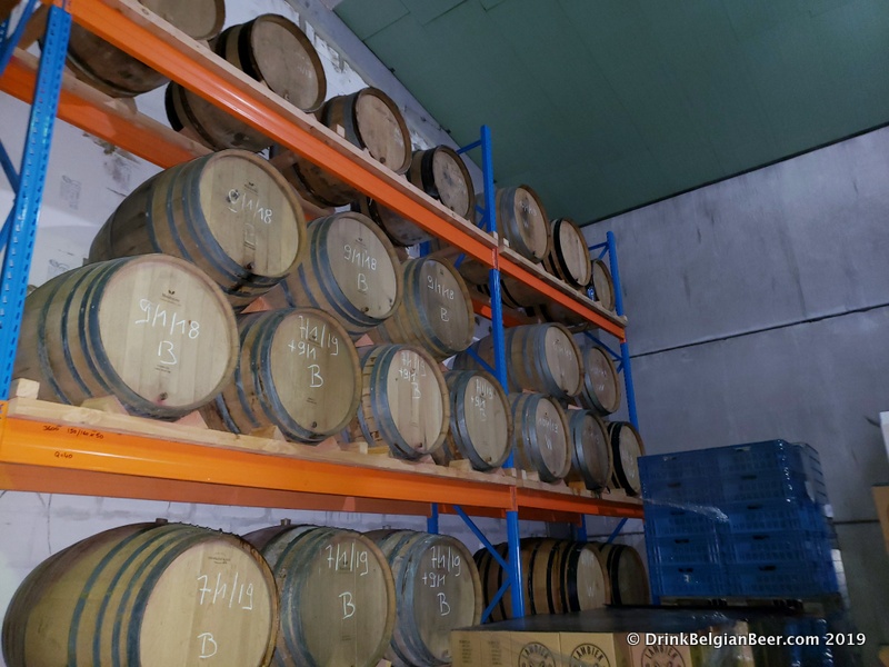 A row of barrels at Lambiek Fabriek in Sint-Pieters-Leeuw, Belgium. 