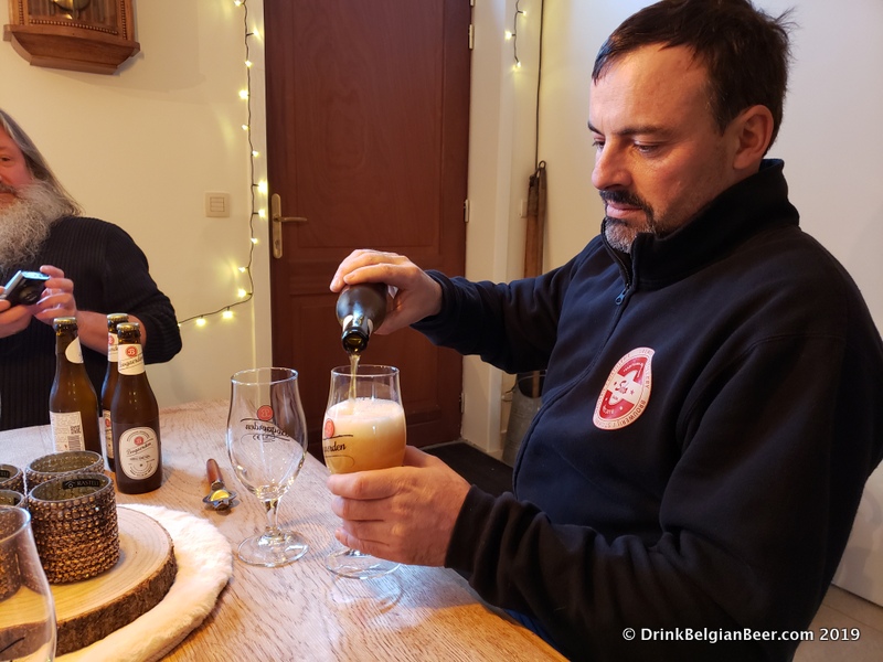 Here, brewer Koen Christiaens  pours a Bogaerden Dubbele Tarwe Tripel, which is sort of a blend of a dubbel and a triple with wheat in its recipe. It is very good. 