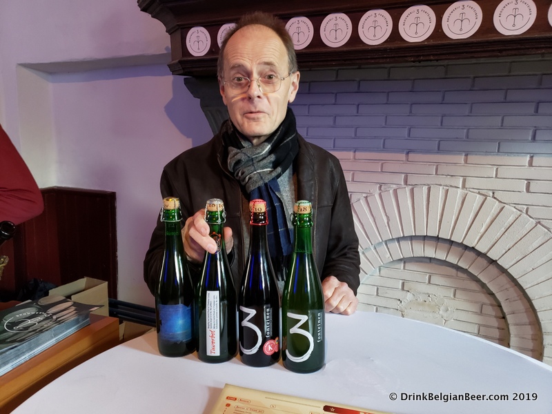 Marc Beirens of Brouwerij Loterbol, holding a Tuverbol beer at the 3 Fonteinen booth. Tuverbol is a blend of Loterbol Blonde with 3 Fonteinen lambic. 