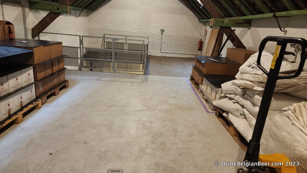 The top floor of Brasserie/Brouwerij Taymans, which contains storage for raw materials, as well as glassware and more, and the coolship room. 