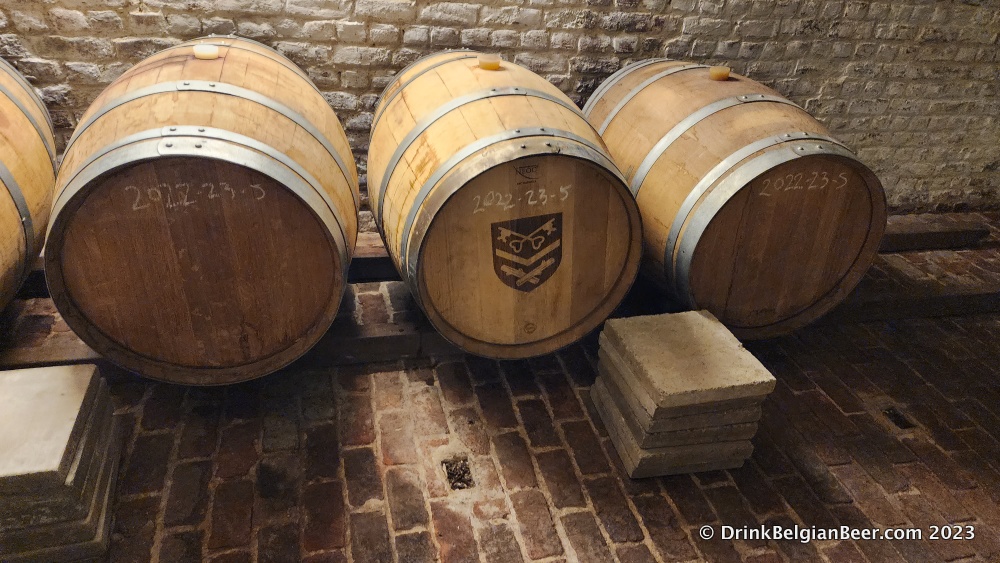 Barrels full of lambic in the maturation cellar at Brasserie/Brouwerij Taymans. These contain batch 5 from the 2022-2023 season.