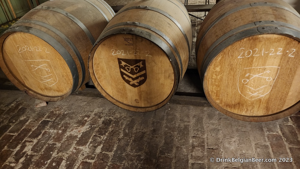 Barrels in the maturation cellar at Brasserie/Brouwerij Taymans containing the second batch of lambic brewed on site (2021-2022 season, batch 2.) Not to be confused with a date of February 22, 2021, as they had not started brewing at that point. 