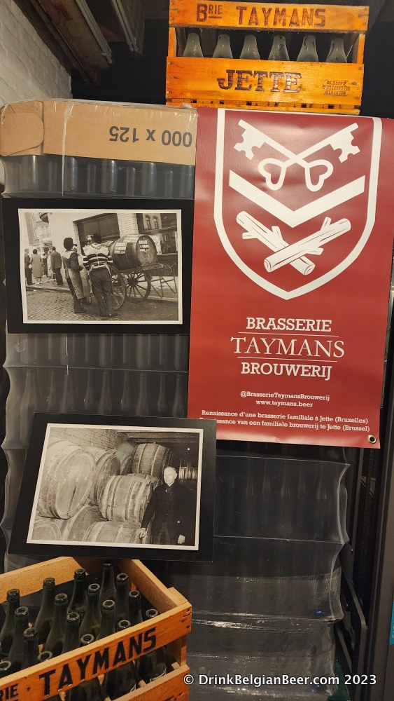 Old wooden beer crates and old photos from the original Brasserie/Brouwerij Taymans in Brussels.